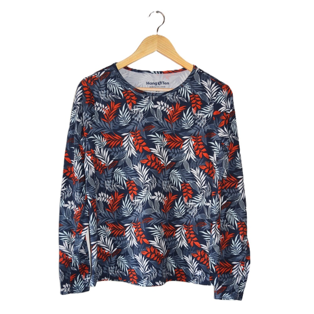 Hang Ten Sun Shirt Women Medium Navy Orange Tropical UPF 50+ Long Sleeve Top